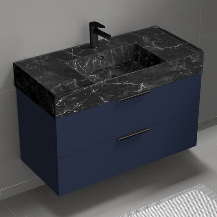 Nameeks DERIN915 Wall Mounted Bathroom Vanity With Black Marble Design Sink, Modern, Single, 40 Inch, Night Blue